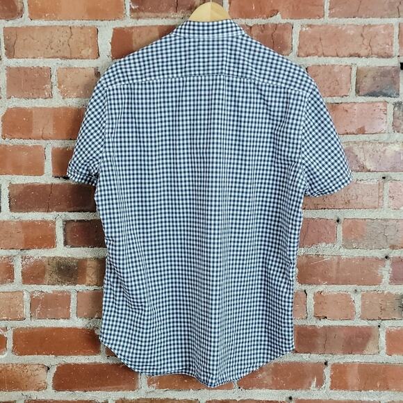 Theory short sleeve button-up navy gingham shirt men's XL - Picture 2 of 5